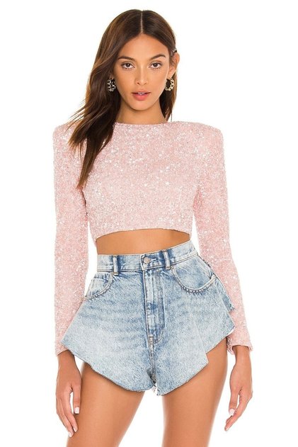 Women's Padded Long Sleeve Pink Sequin Crop Top