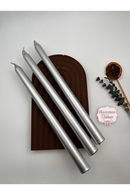 🥇Dekoratif Metalik Gümüş Silver Şamdan Mumu 3 lü Set