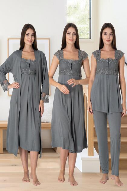 Women's Smoked Lace Cotton Maternity Maternity Dressing Gown Pajamas Set Nightgown Set of 4