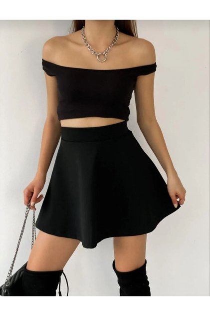 Kadın Siyah Kloş Mini Etek