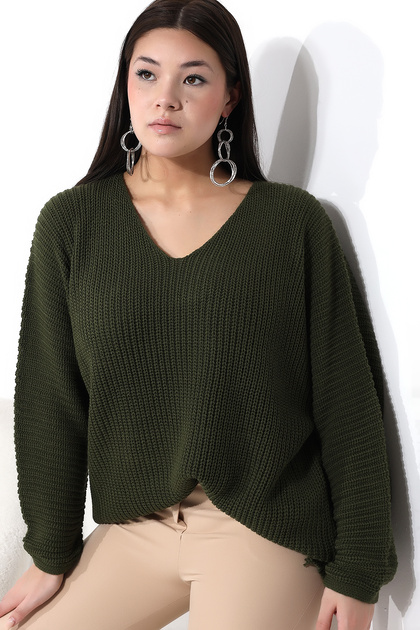 Women's Khaki V-Neck Thessaloniki Knit Oversize Knitwear Sweater