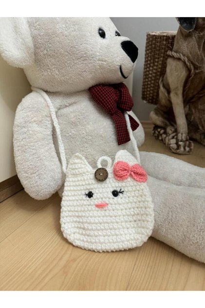 Hand Knitted Girl's Gift Bag with Cat Figure and Shoulder Strap