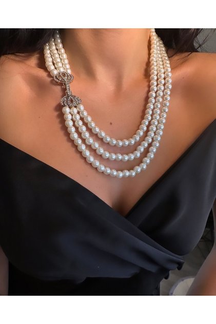 Three Rows Glass Pearl Necklace with Fan Zircon Stone Antique Clip