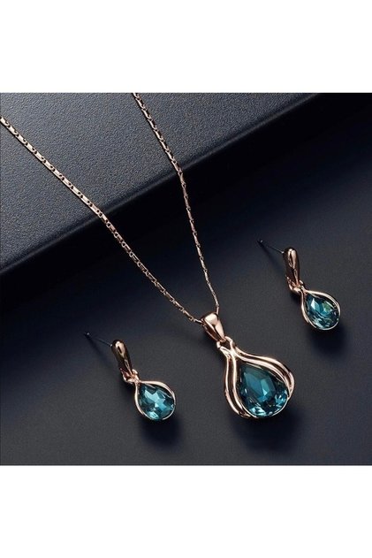 Elegant Exquisite Water Drop Shiny Blue Crystal Stone February 14 Valentine's Gift Necklace Earring Set