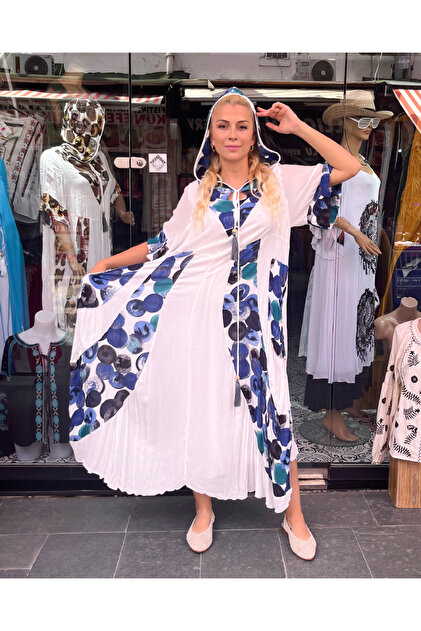 Sosyete Kaplumbaa Women's Authentic Voile Cotton Hooded Short Sleeve  Tropical Maxi Dress with Pockets- Trendyol
