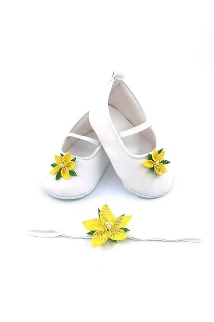 SPECIAL SERIES YELLOW DAISY NEEDLE CARVED WHITE, ELASTIC SHOES, BABY GIRL'S SHOES AND BANDANA