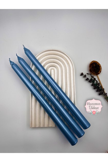 🥇Dekoratif Metalik Mavi Şamdan Mumu 3 lü Set