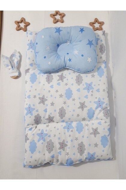 Double Sided Bottom Opening Cushion Blue (WITH HEAD CORRECTION PILLOW and TEETHER WOODEN RING GIFT)