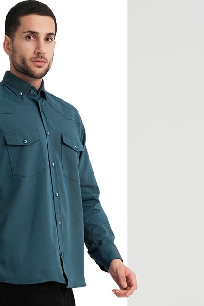 Men's Dark Turquoise Double Pocket Lycra Lewis Model Gabardine Fabric Denim Shirt