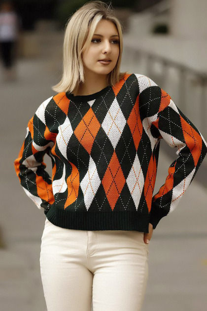 Round Crew Neck Long Sleeve Diamond Jacquard Pattern Color Block Knitwear Short Sweater