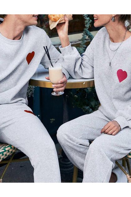 Women's Men's Red Heart Printed Hoodless 2-Piece Lover Couple Combination Bottom Top Tracksuit Set