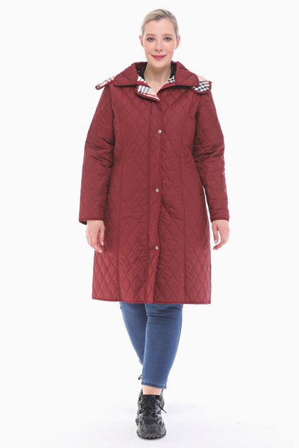 Women's Large Size Plaid 105 Cm Seasonal Claret Red Quilted Coat 1044