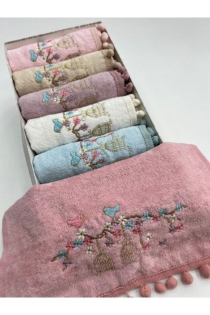 Velvet Lattice Embroidered Pompom 6 Piece 30x50 Boxed Kitchen Towel Set