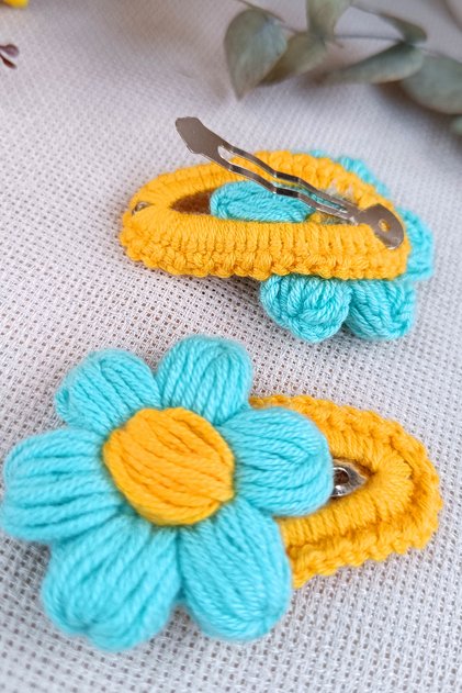 Daisy Patterned Hand Knitted Baby Child Hair Accessory Clip with Snap Fasteners Turquoise Yellow