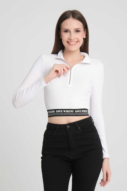 Kadın Önü Fermuarlı Kaşkorse Crop Bluz