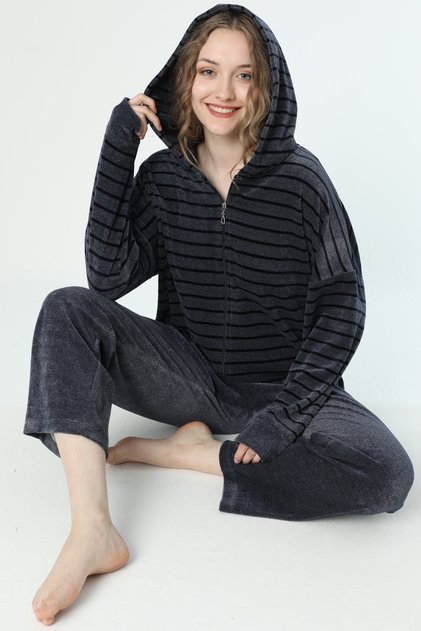 Striped Zippered Pocket Cotton Velvet Top and Bottom Set