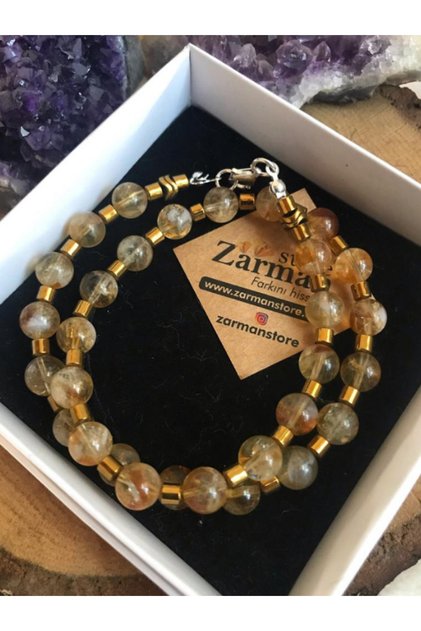 Sertifikalı Doğal Taş 8MM Sitrin-Hematit Gümüş Klipsli Kolye