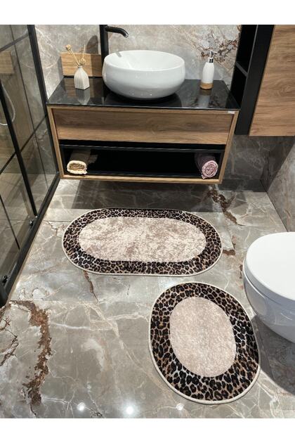 2 'li Leopar Desen Oval Banyo Paspası - Kahverengi Ebat (60X100 - 60X50)