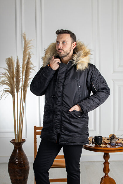 Sarar İnterview Sarar Molde Kürk Kapüşonlu Klasik Kalıp Siyah