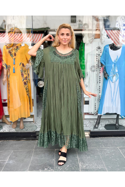 Women's Authentic Voile Cotton Lace Detailed Shortcut Double Pocket Green Dress