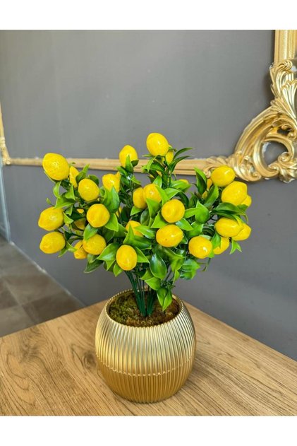 Metalik Gold Saksılı Yapay Çiçek Limon Yapay Bitki Limon