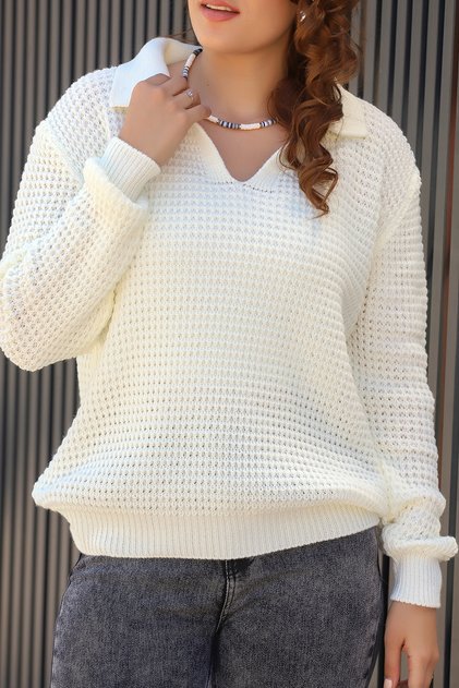 Women's Polo Collar Selanik Brioche Knit Long Sleeve Relaxed Fit Winter Thick Knit Sweater
