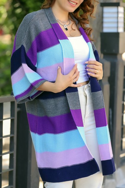 Folded Shawl Collar Wide Sleeve Long Pocketless Comfortable Loose Fit Seasonal Color Blocked Over-the-Knee Knitwear Cardigan