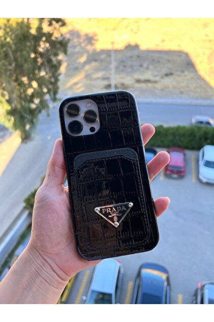 casehometr Iphone 14promax Prada Siyah Kartlıklı Deri Kılıf
