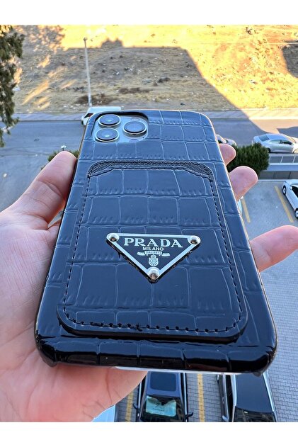 casehometr Iphone 14promax Prada Siyah Kartlıklı Deri Kılıf