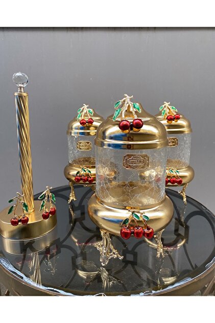 vanilya accessory Kirazlı mutfak set gold renk kavanoz takımlı