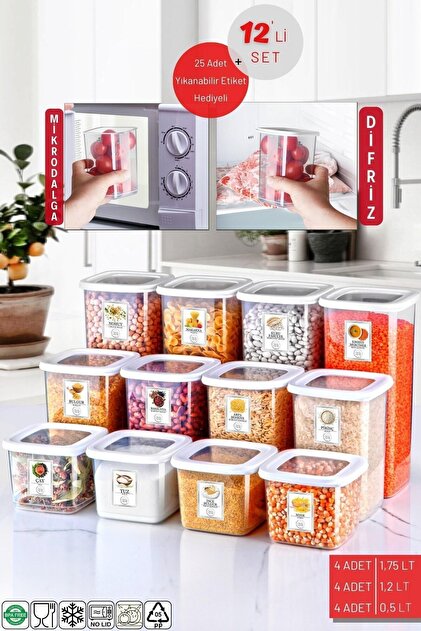 Nandy Home 12'li Set Etiketli, Kırılmaz Kare Erzak Saklama Kabı