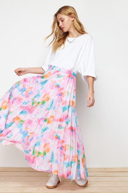 Lilac Floral Print Pleated Elastic Waist Woven Skirt TCTSS23EE00018