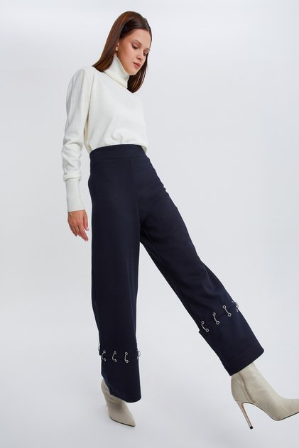 Navy Blue Metal Ring Wide Leg Trousers