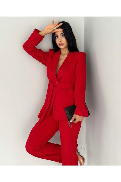 Women's Belted Jacket and Trousers Set Red