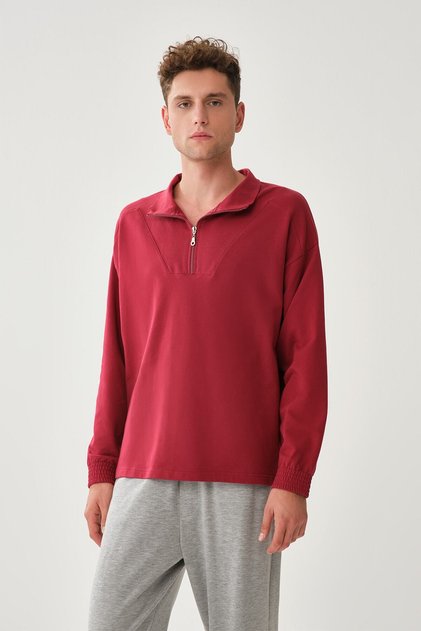 Burgundy Zipper Collar Elastic Cuff Cotton Sweatshirt