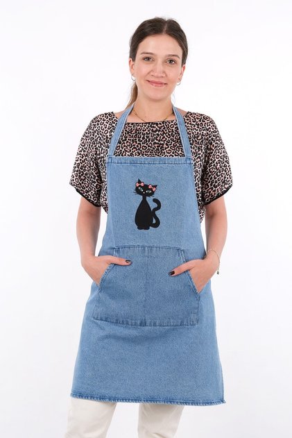 Denim Kitchen Apron Cat Lady Rose Model