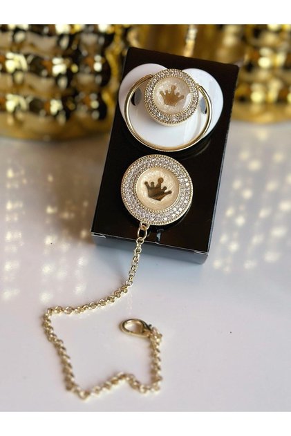 Imported Luxury Prince Princess Logo White Boy Girl Baby Crystal Stone Pacifier Chain Strap Set