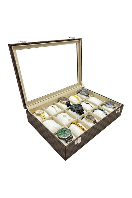 Watch Box 15 Compartments Glass Organizer Plaid Design