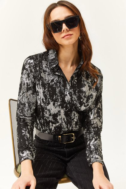 Women's Lame Black Sleeve Folded Linen Shirt GML-19000825