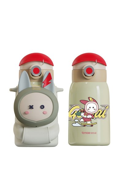 Cocosmile 470ml Steel Thermos Children's Water Bottle with Cute Sound-Making Case, Straw and Hanger