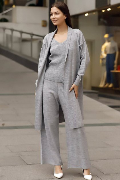 V-Neck Ribbed Tank Top U Long Sleeve Pocket Cardigan Elastic Waist Straight Leg Trousers Knitwear Triple Set