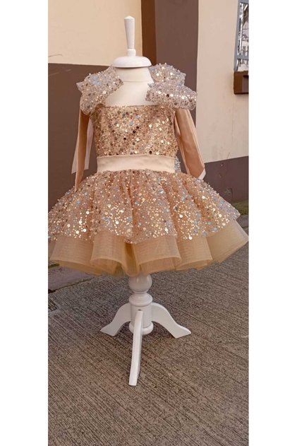 Gold Color Glittering Girl's Princess Evening Dress