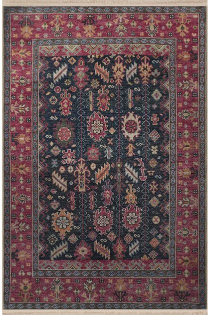 Pink Navy Blue Themed Traditional Motif Floral Patterned Fringed Vintage Decorative Carpet 3264