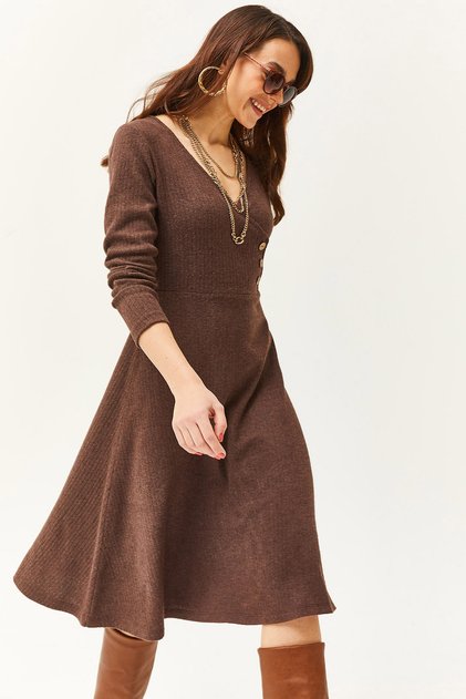 Women's Dark Brown Button-Detail Double-Breasted Midi Flared Dress ELB-19002031