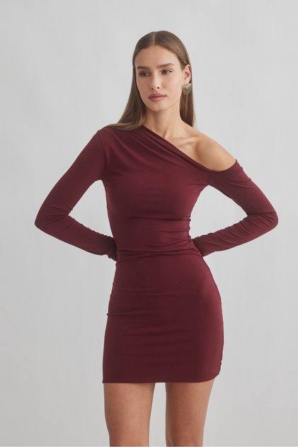 One Shoulder Open and Gathered Stretchy Sandy Dress