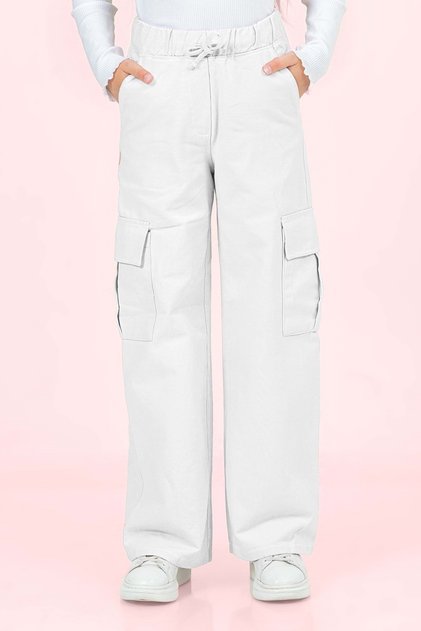 Elastic Waist Girl's Cargo Pants - Gabardine Fabric - White - 4-5 Years