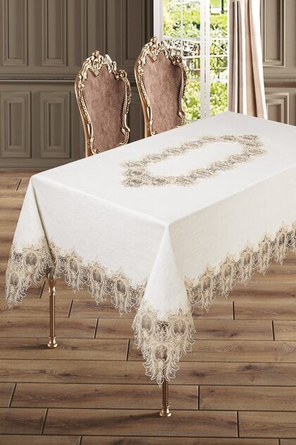 scarlet home collection Iris Keten Fransız Dantelli Masa Örtüsü