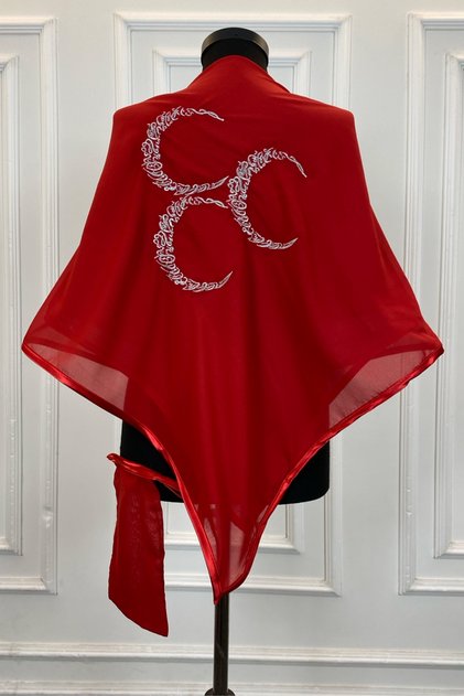 Red Chiffon Luxury Groom Shoulder Cover, Silver Three Crescents Embroidered, Groomsman Soldier Henna Cover Shawl Veil