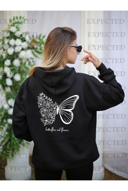 Women's Black Oversize Floral Butterfly Printed Hooded Sweatshirt Hoodie 3 Ip