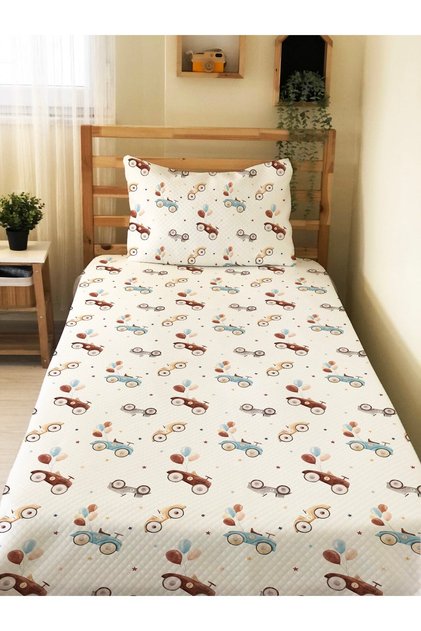 Classic Car Patterned Baby and Child Printed Single Pique Set 160 X 220 cm White